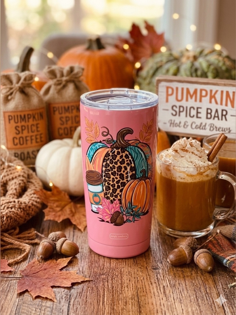 Simply Southern 16oz Stainless Steel Tumbler Fall Pumpkin Leopard Print Pink Lid